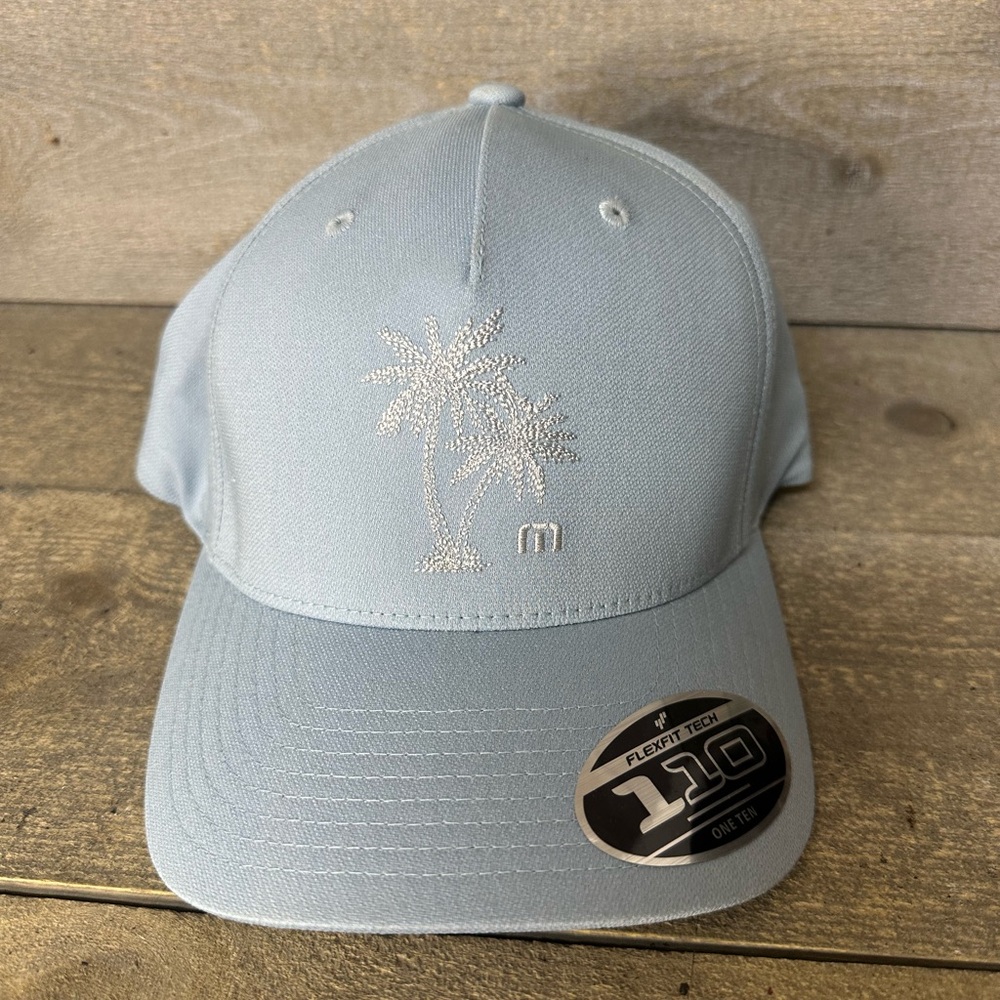 Travis Mathew Golf Hat Snapback Baseball Cap Blue Coconut Palm Tree Logo Flextec